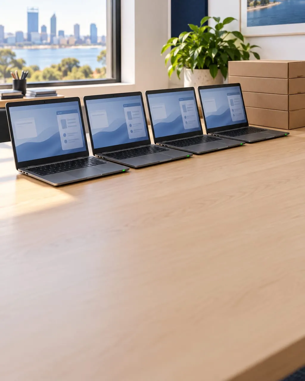 Four identical business laptops set up side by side on an IT workbench, with their boxes stacked beside them.