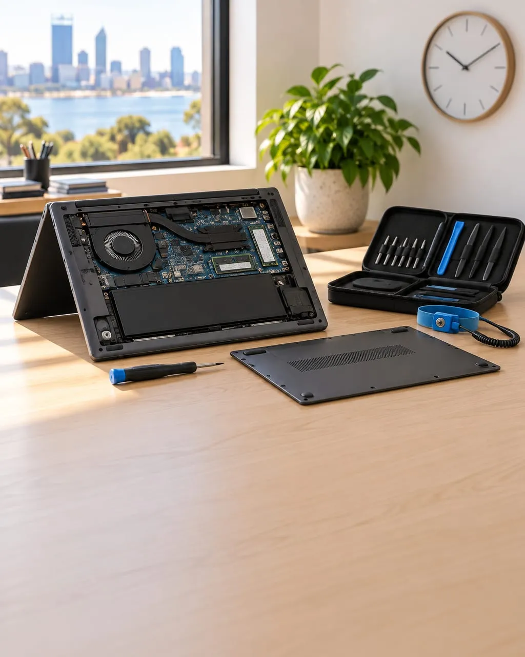 A laptop with its base panel removed on an office desk, beside a small screwdriver, an open tool case and an anti-static strap.