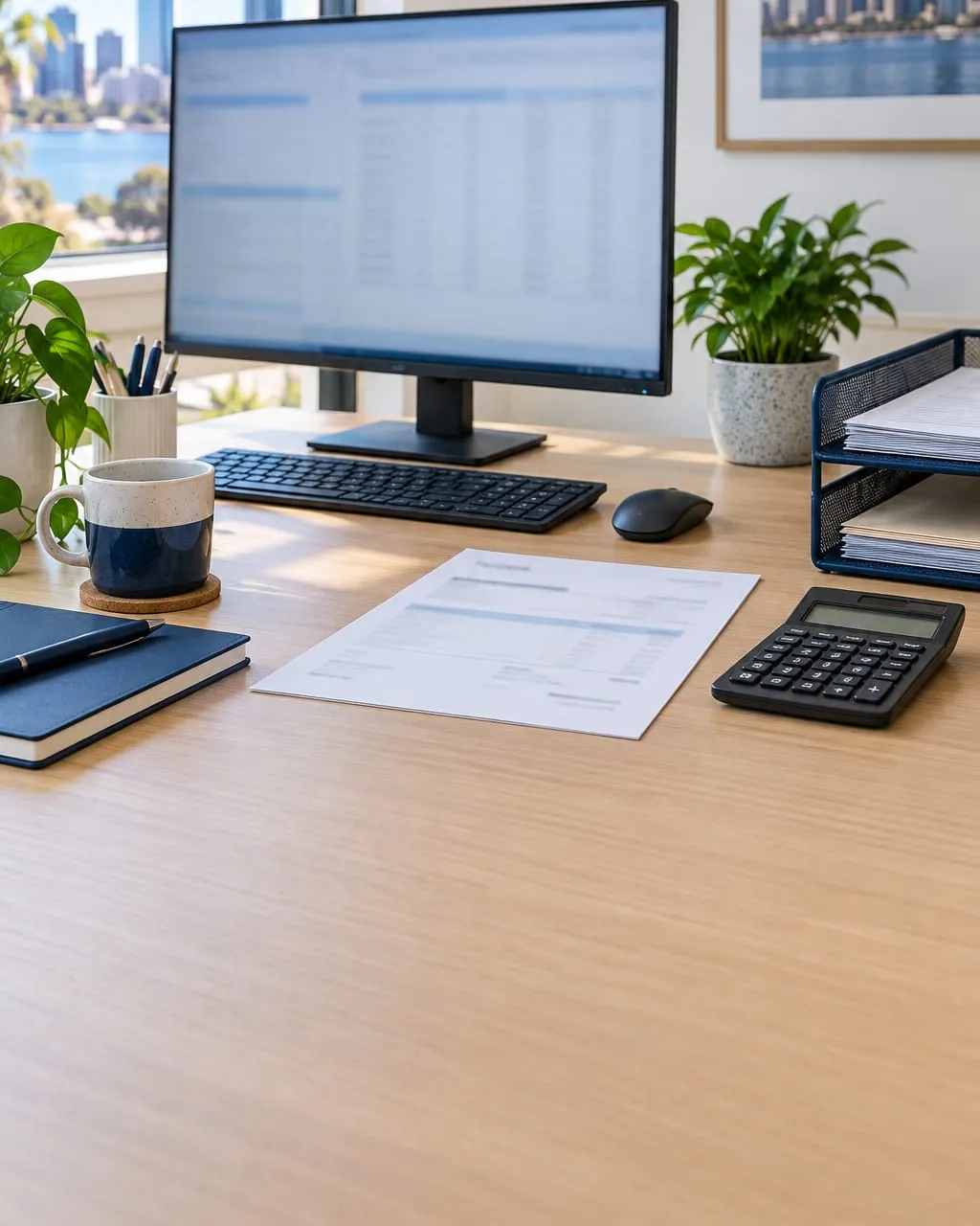 An accounts desk with a spreadsheet on the monitor, a printed invoice and a calculator.