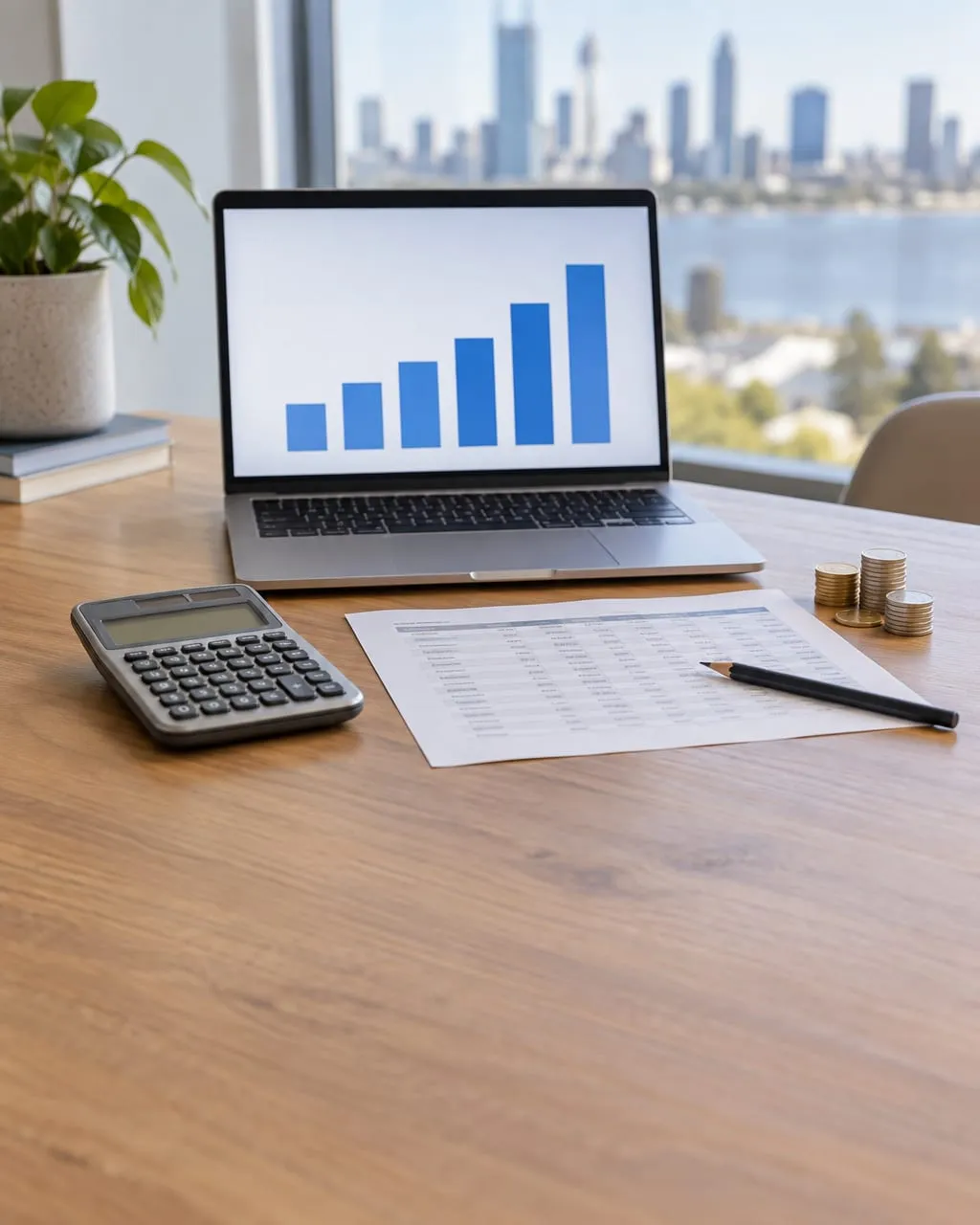 A laptop showing a bar chart, beside a desk calculator, a printed spreadsheet, a pencil and a few coins on an office desk.