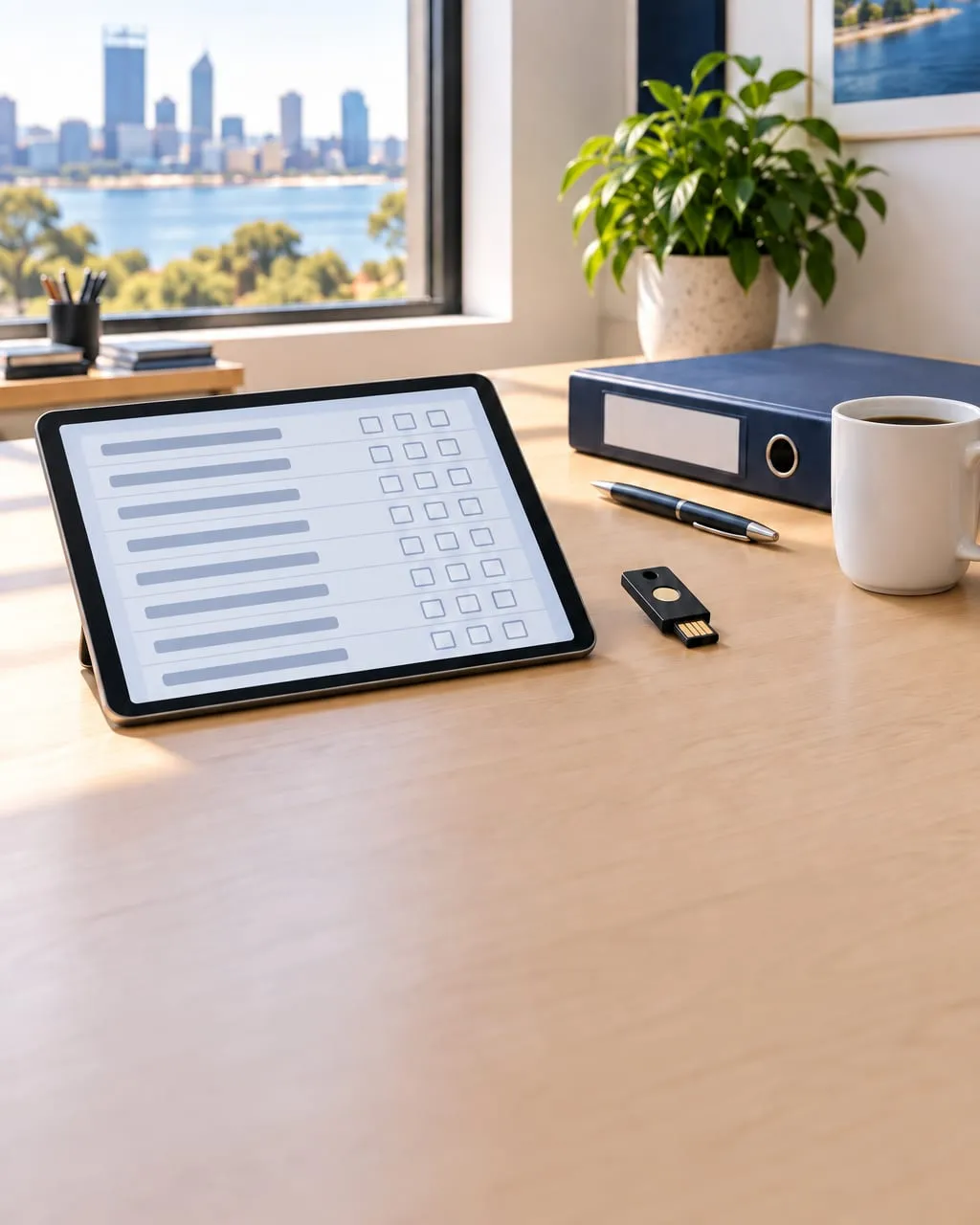 A tablet showing a form with rows of tick boxes, beside a USB security key, a pen, a navy binder and a coffee on an office desk.