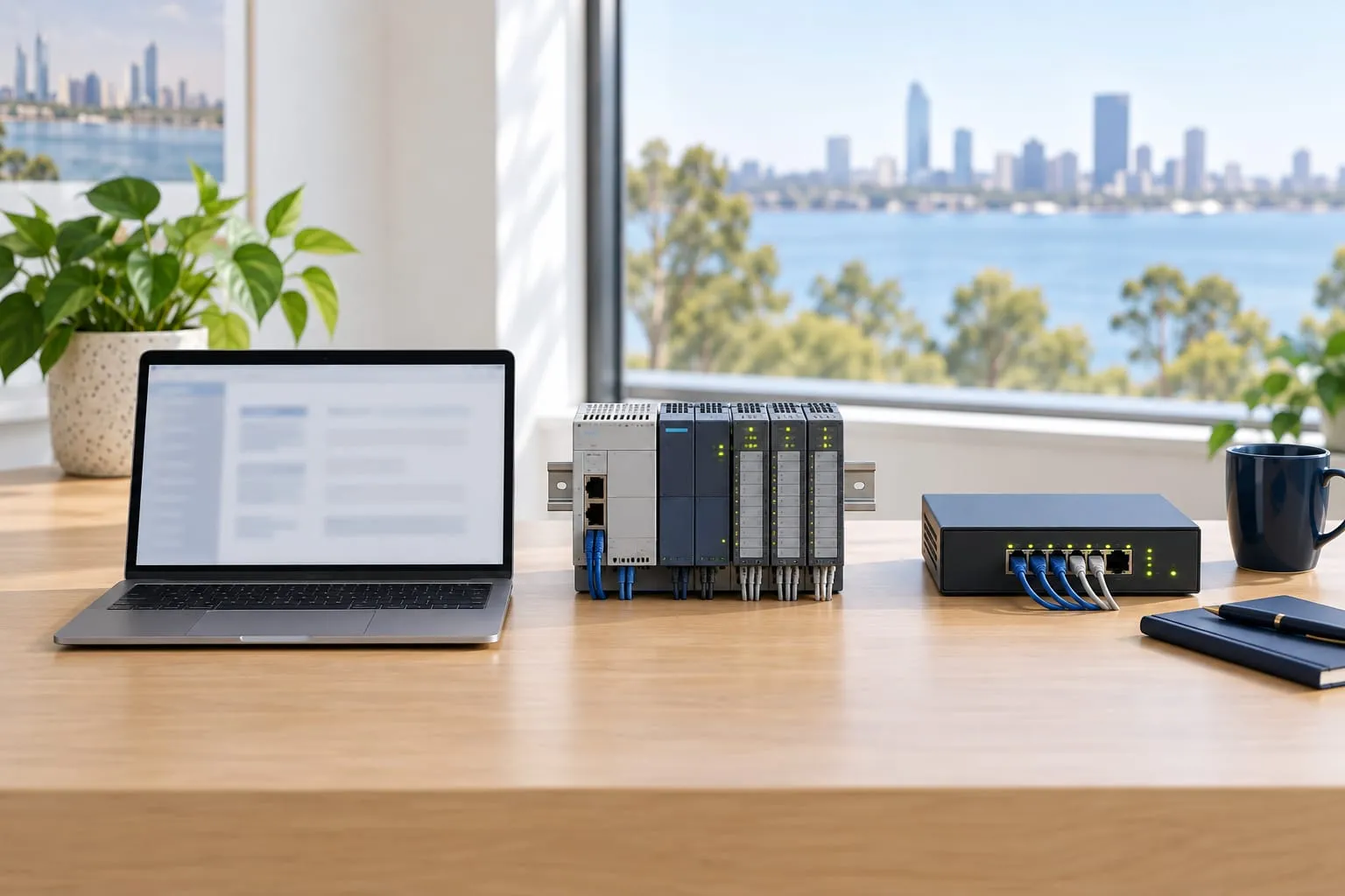 A laptop, an industrial controller on a DIN rail and a small network switch side by side on an office desk.