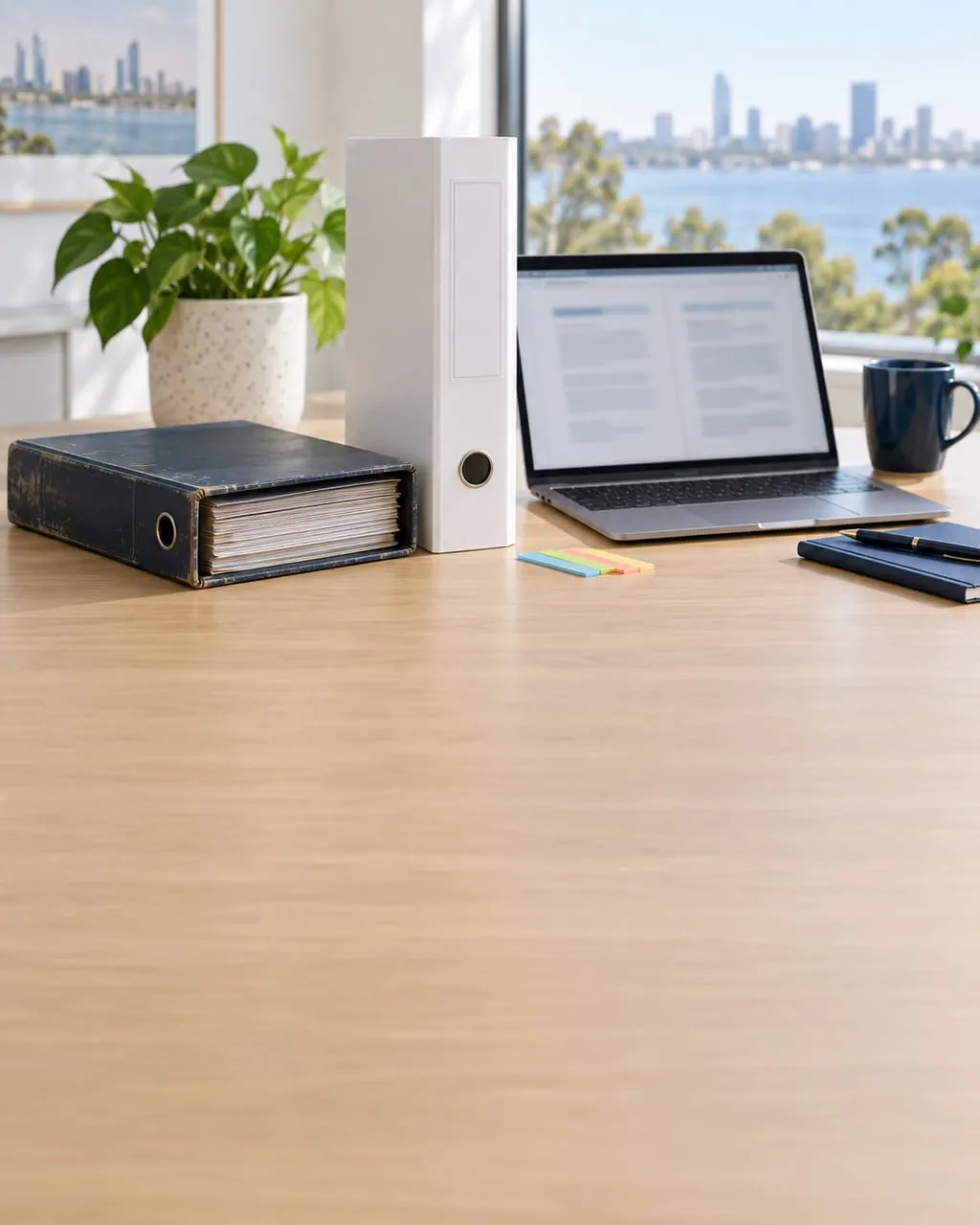 A worn navy ring binder lying flat beside a new white binder standing upright on an office desk, with a laptop open to a two-column document.