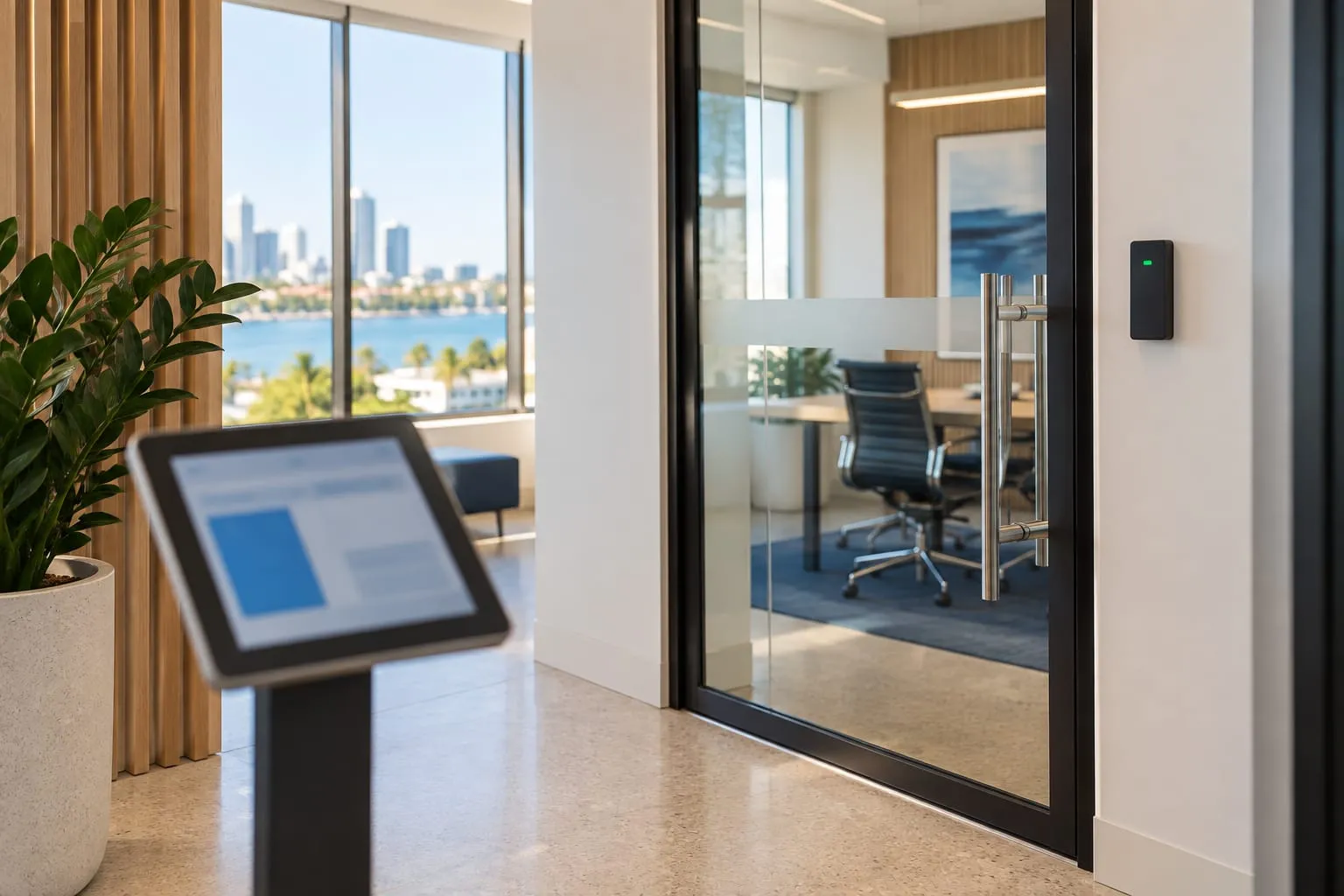 A card access reader beside a glass office door, with a visitor sign-in tablet on a stand in the entry.