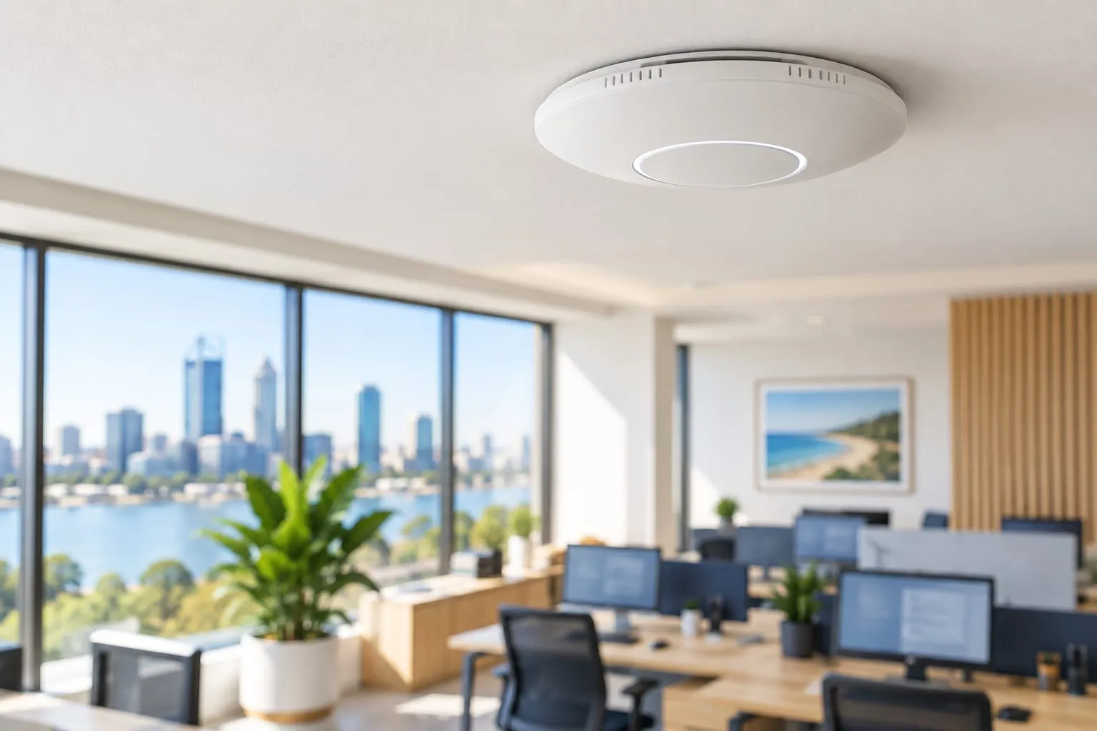 A ceiling-mounted Wi-Fi access point above a bright open-plan office.