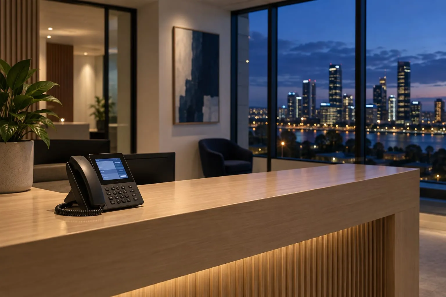 An empty office reception after hours, with the desk phone’s screen lit and city lights outside.