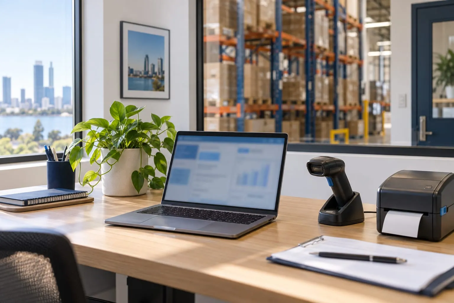 A warehouse office desk with a laptop, handheld barcode scanner and label printer, pallet racking behind.