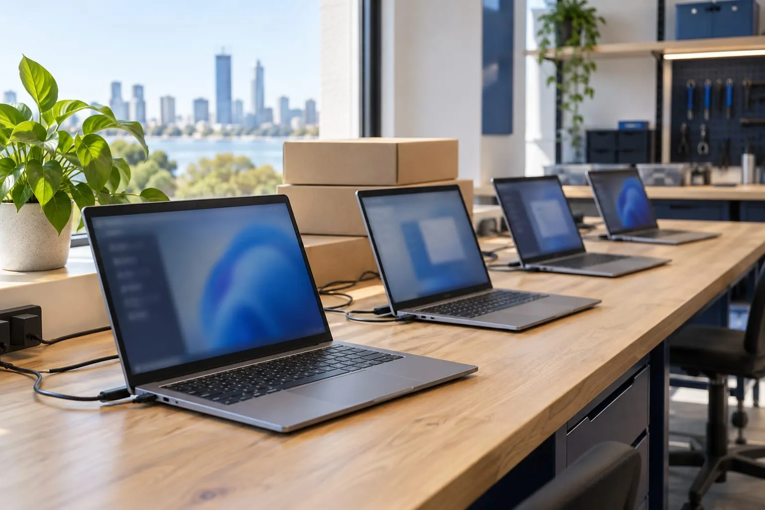 Several new laptops lined up on a timber workbench, powered on and charging, ready to be set up for new starters.