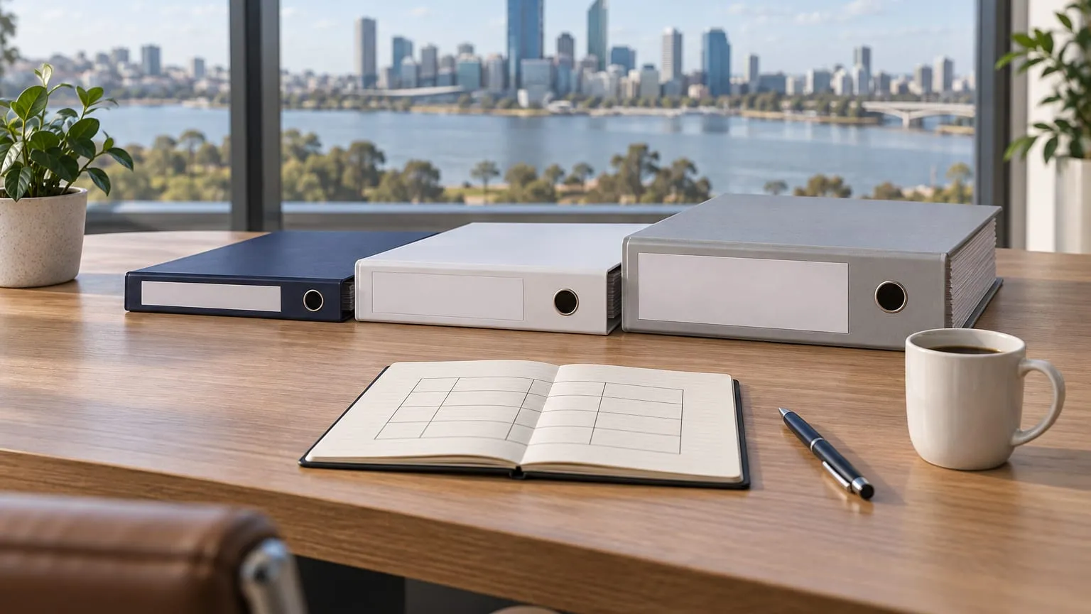 Three ring binders of different thickness side by side on an office desk, with an open notebook showing an empty comparison grid.