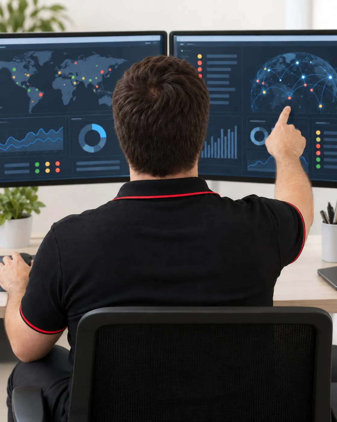Over the shoulder of a person at a desk, pointing at one of two monitors of charts, a world map and coloured status dots.