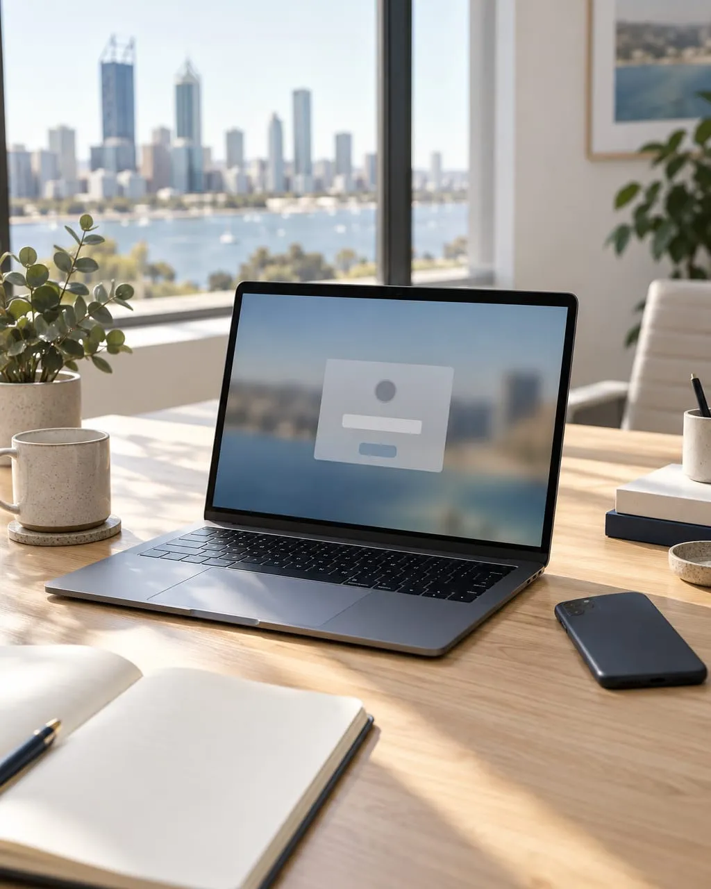 A laptop showing a sign-in screen on an office desk, with a river view behind it.