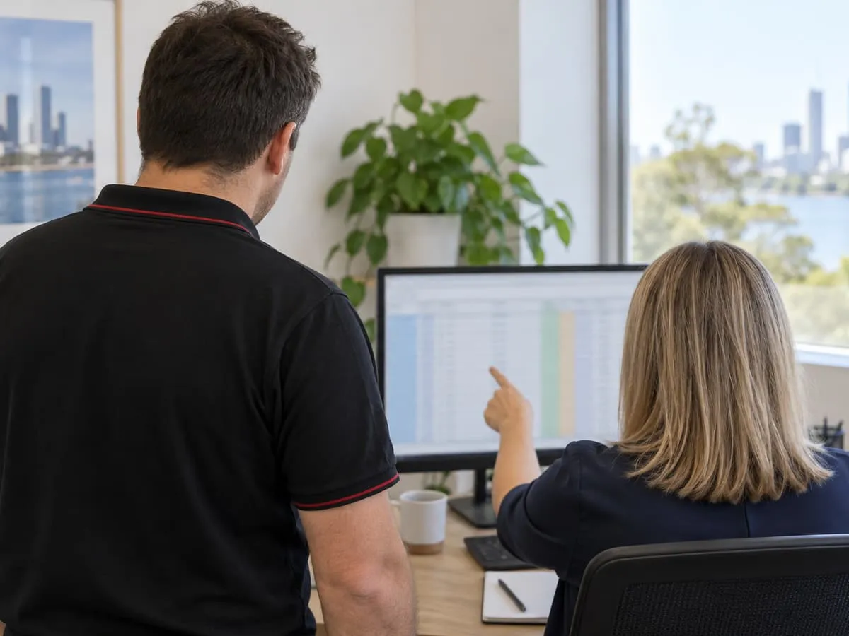 Over an IT engineer's shoulder at a client's desk, where an office manager points to something on her screen.