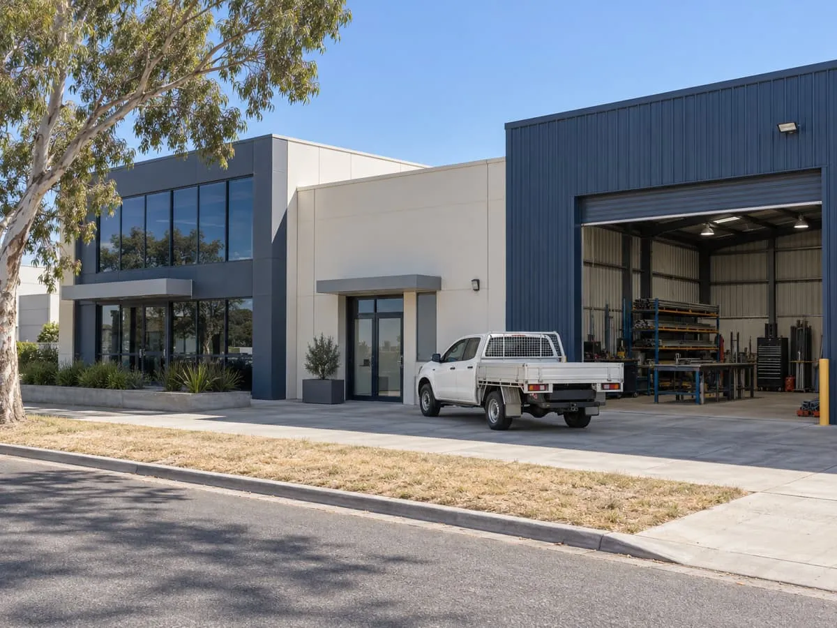 A light-industrial street with an office building, a clinic entrance and a workshop with its roller door open.
