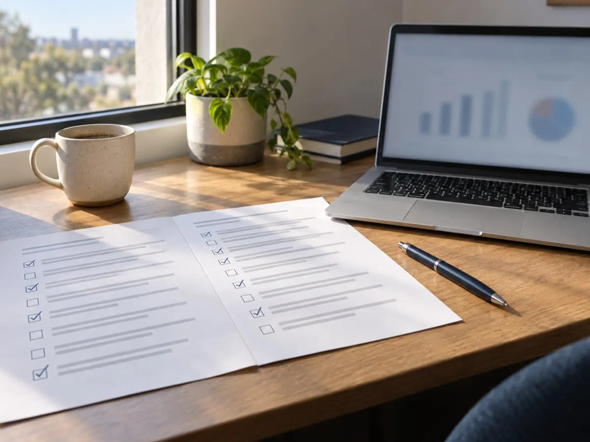 A printed checklist with some boxes ticked, beside a laptop and a coffee on a desk by a window.