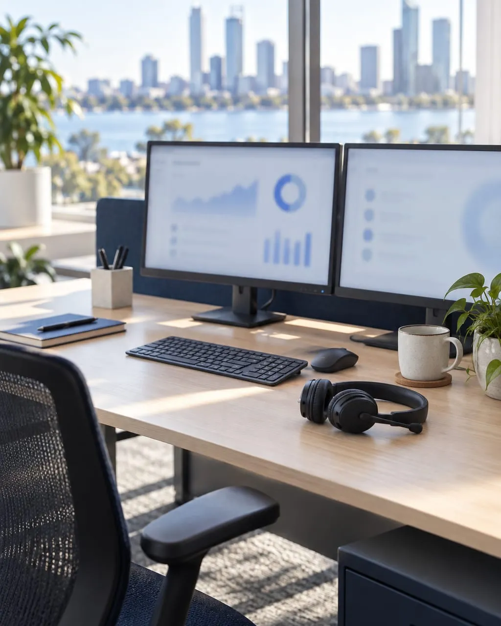 An empty helpdesk desk in a bright office, with a headset beside the keyboard and two monitors.