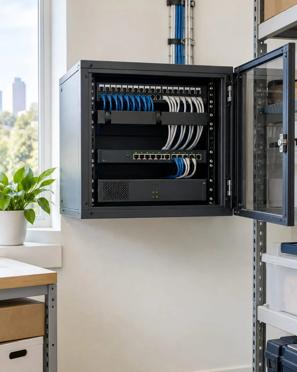 A wall-mounted network cabinet with a patch panel, a switch and neatly managed patch leads.