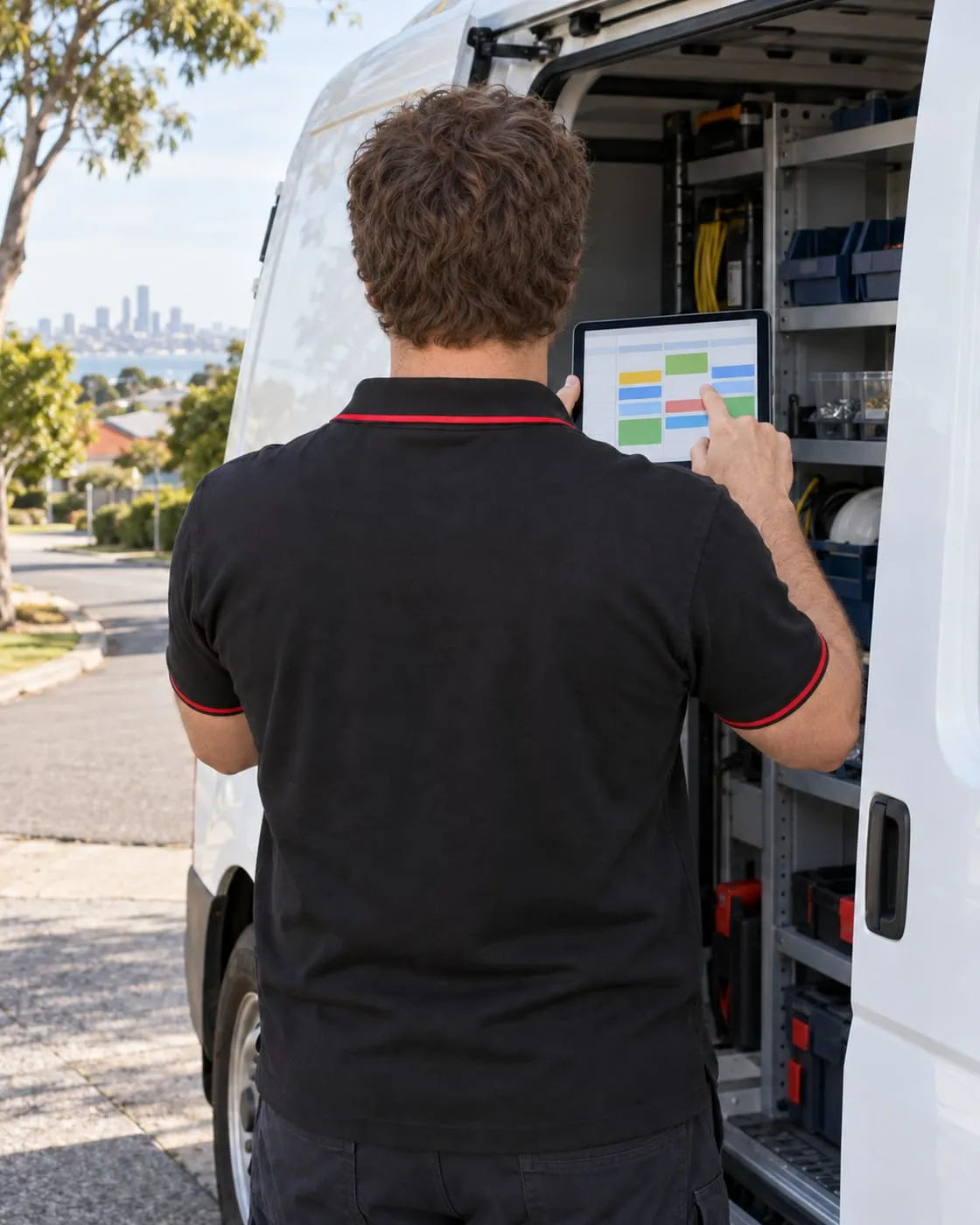 A tradesperson seen from behind at the open side door of a white work van, tapping a tablet schedule beside the parts shelving.