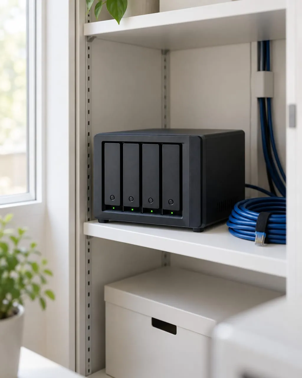 A four-bay backup storage unit with green status lights on a shelf in an office comms cupboard.