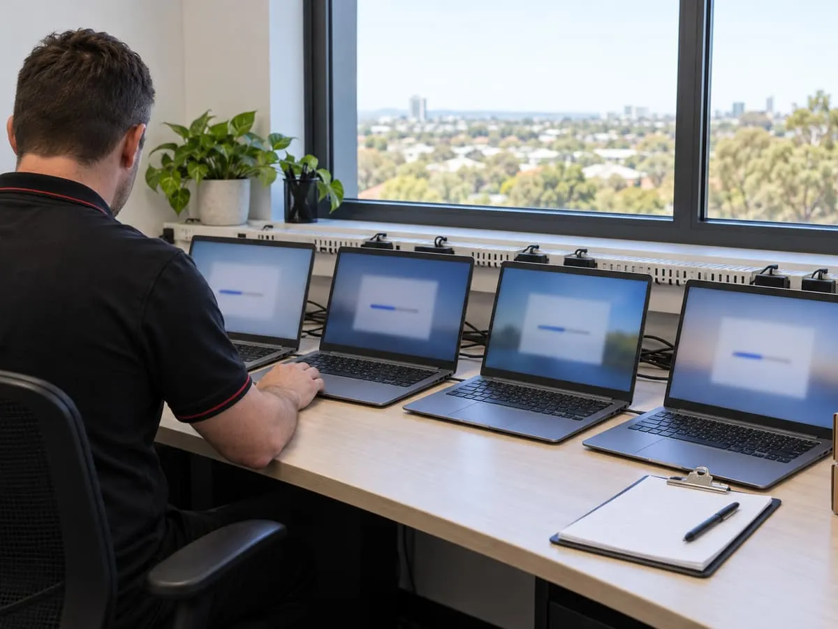 An IT engineer at a bench setting up a row of business laptops, each showing a progress bar.