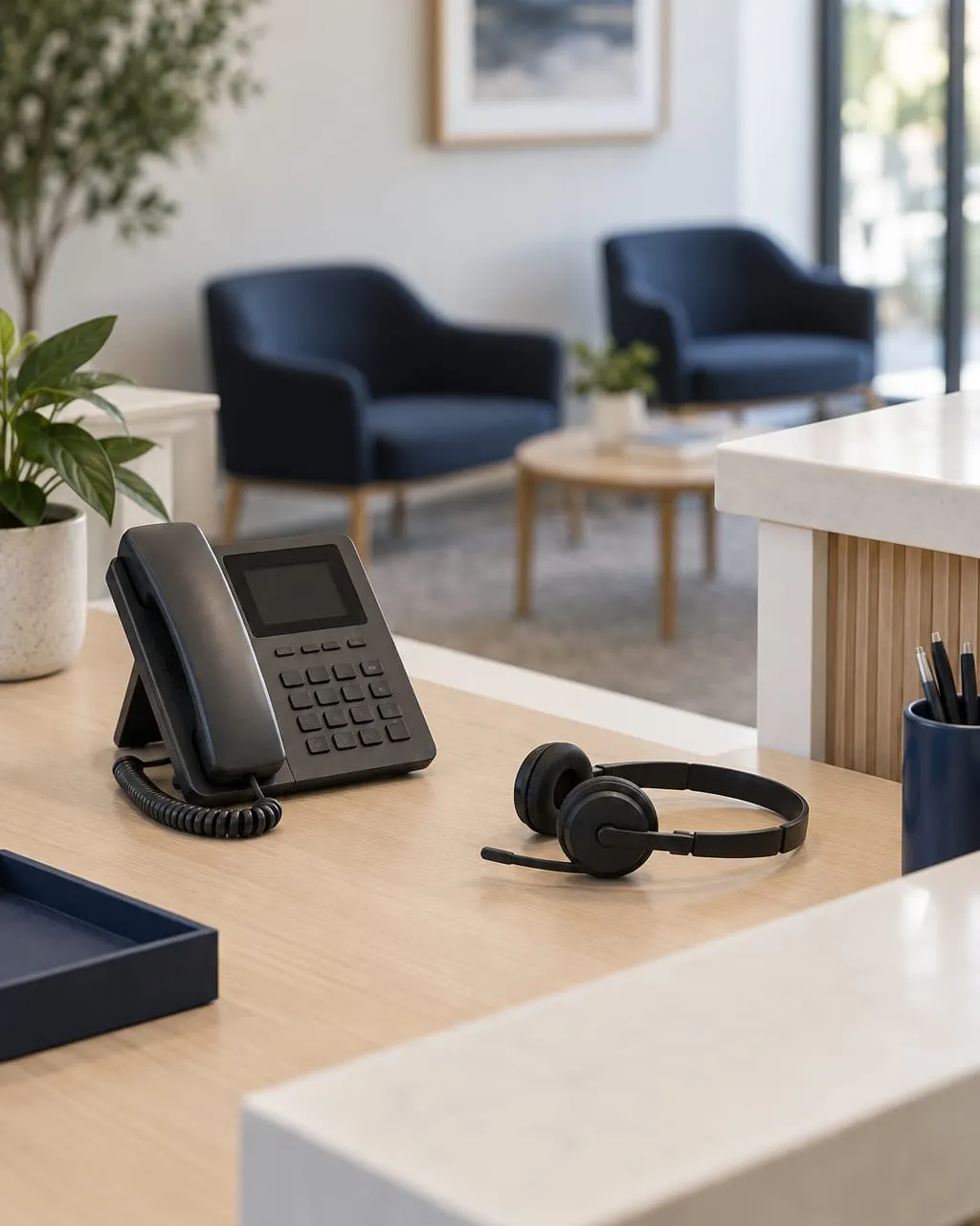 A desk phone and a headset on a quiet reception desk.