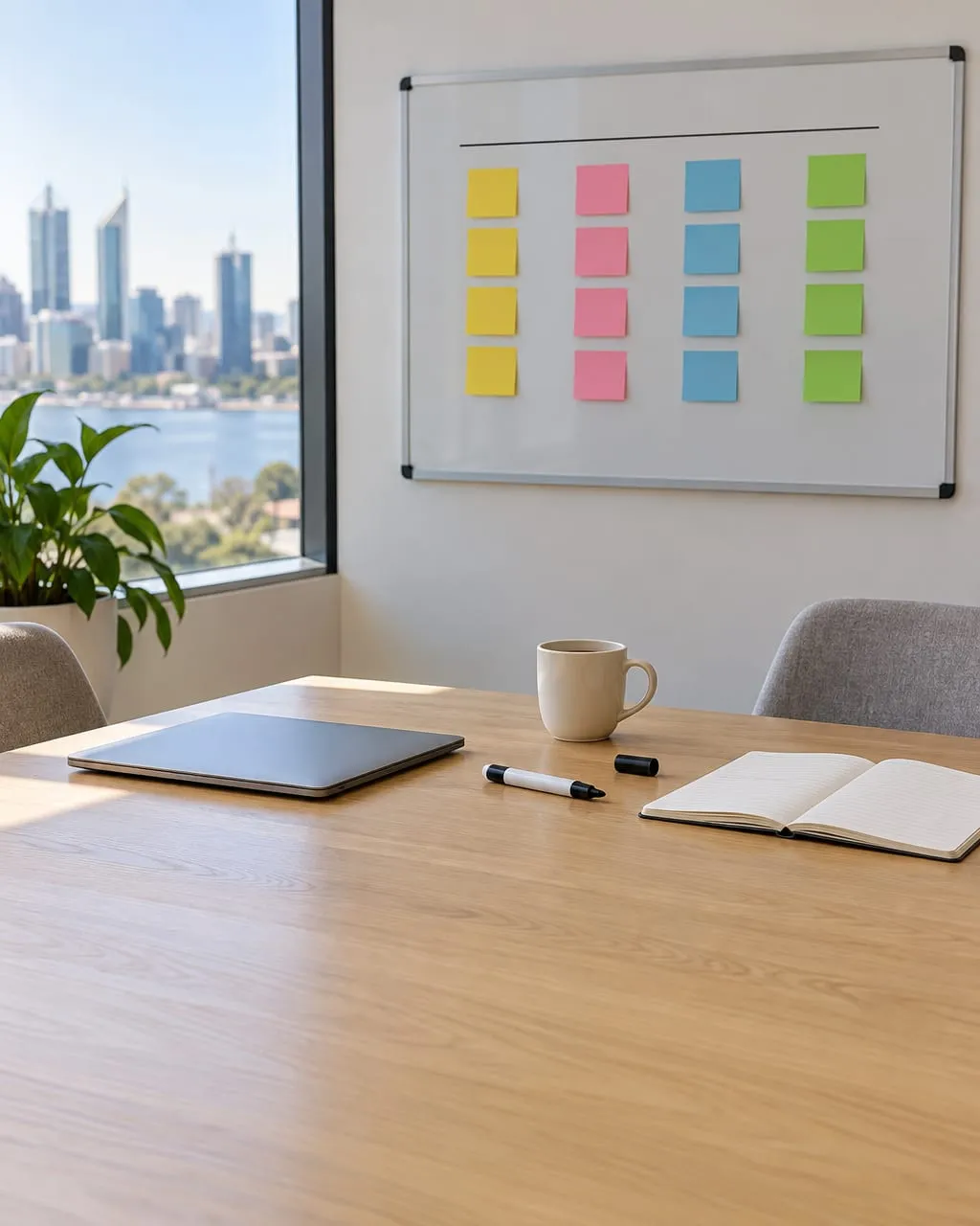 A meeting room whiteboard with four columns of blank sticky notes, above a table with a closed laptop, a marker, a notebook and a coffee.