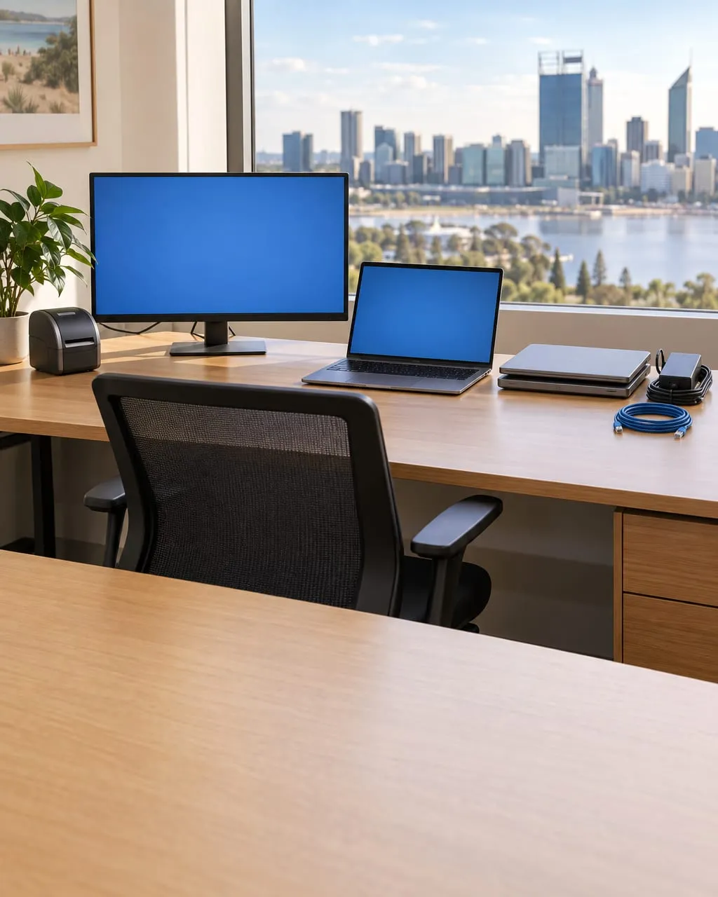 An empty IT desk by a window, with a monitor, an open laptop, two spare laptops, a charger, a label printer and a network cable.