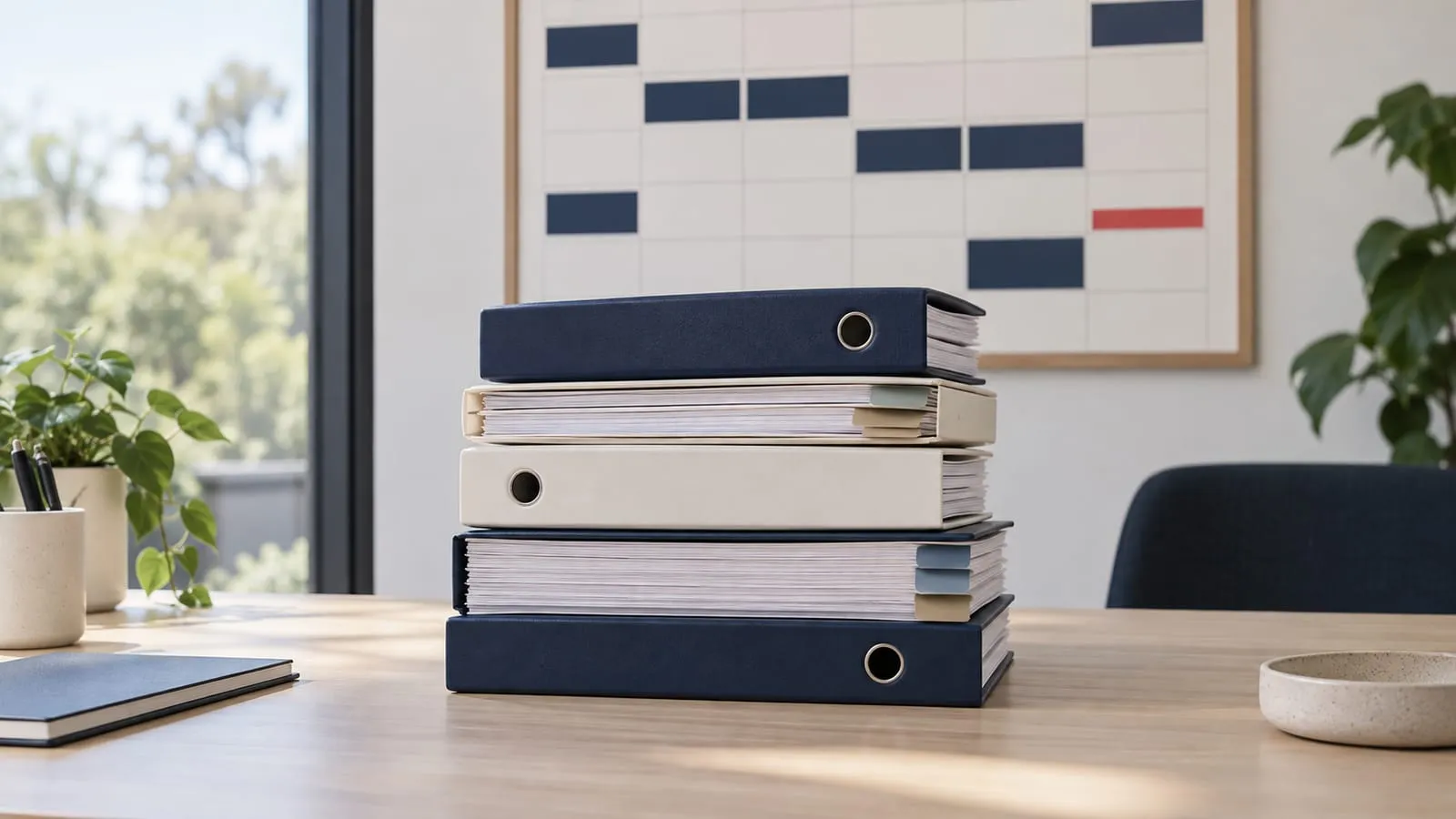 Stack of navy and cream ring binders with coloured tabs on a desk, a wall planner behind