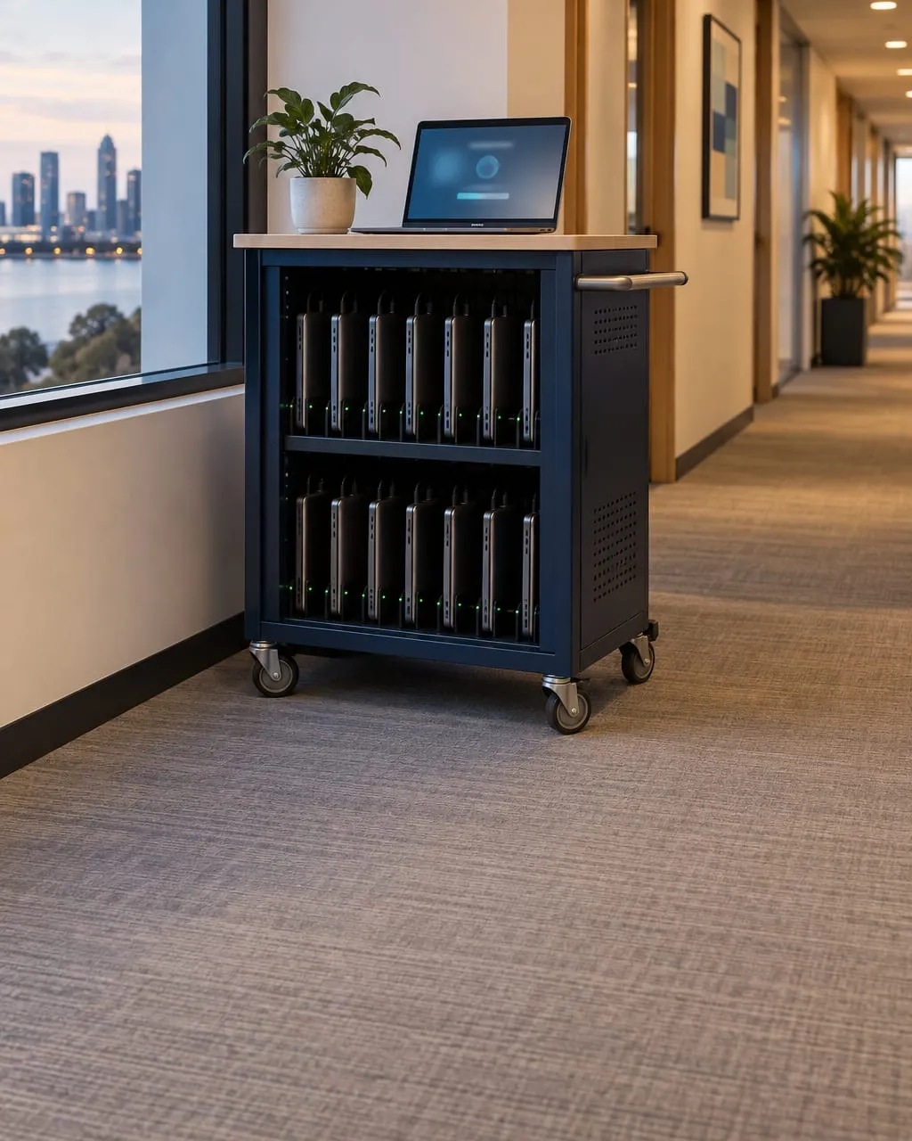 A laptop charging cart in an office corridor at dusk, with one laptop open on top installing updates.