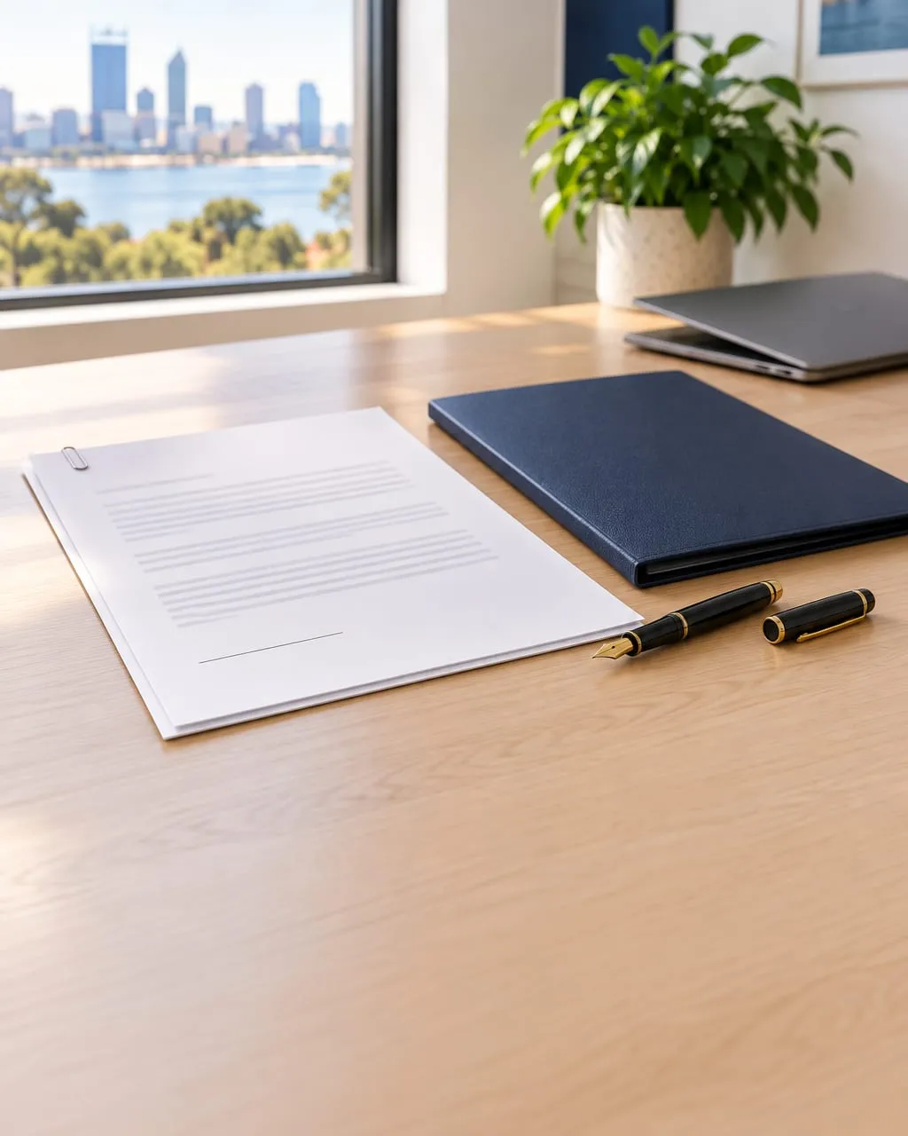 A two-page printed letter with a blank signature line, beside a navy folder and a fountain pen on an office desk.