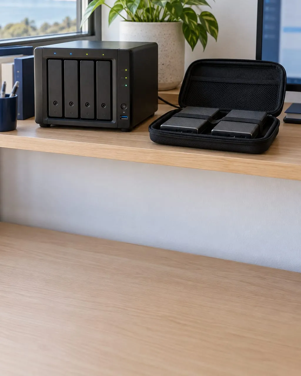 A four-bay backup storage unit on an office shelf, with two portable drives in a carry case ready to go offsite.