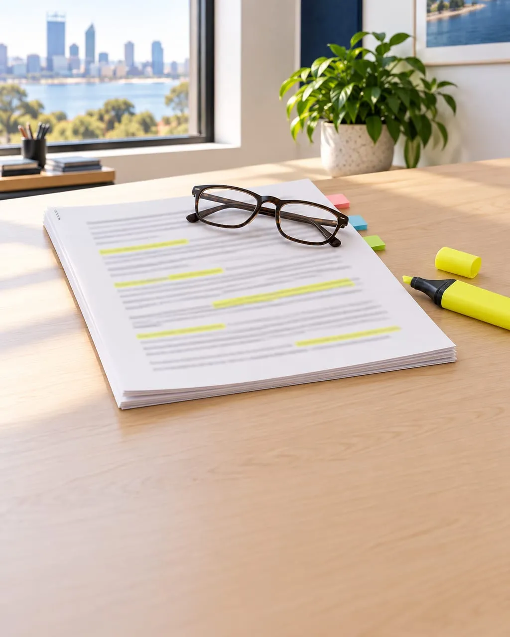 A printed agreement with several lines marked in yellow highlighter, reading glasses and page flags on an office desk.
