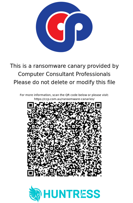 Example canary file: CCP logo, text reading 'This is a ransomware canary provided by Computer Consultant Professionals. Please do not delete or modify this file', and a QR code linking to this page.