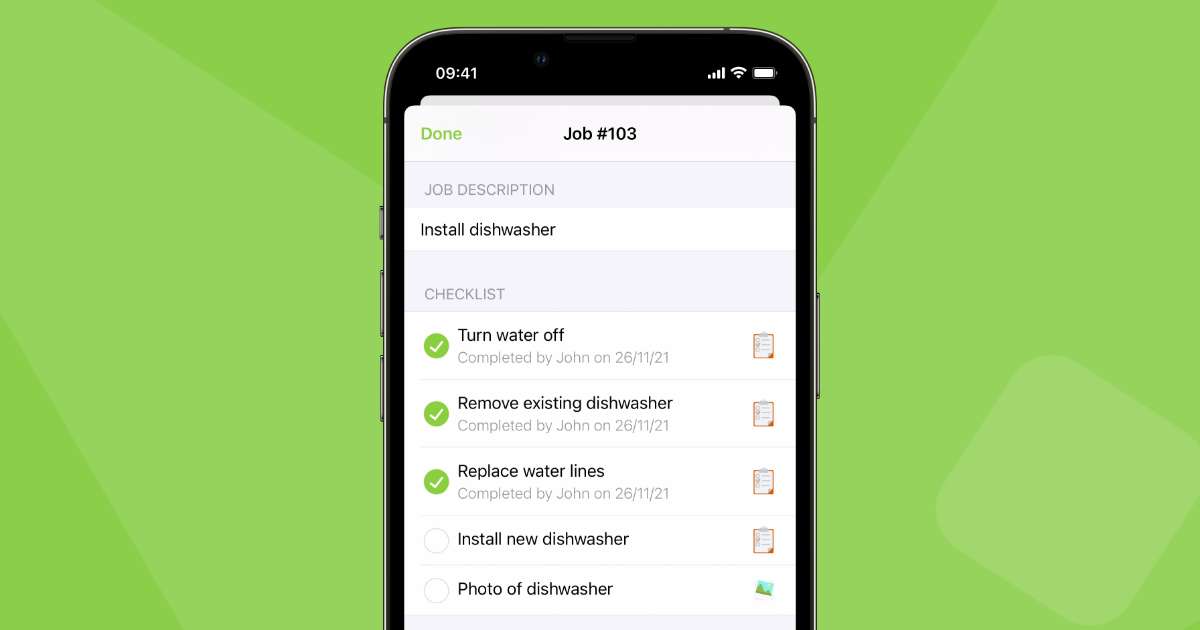 ServiceM8 checklist on a mobile device, with completed and pending steps for a job.