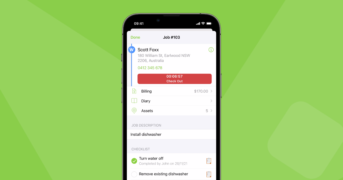 ServiceM8 job card on an iPhone, showing customer details, an active check-out timer, billing total, and a per-job checklist.